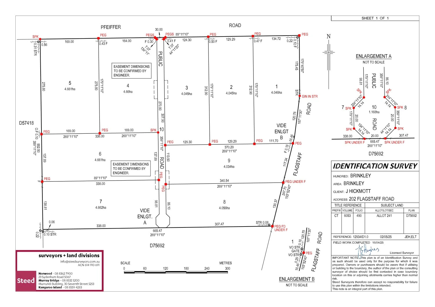 Identification survey - the approved nine-lot subdivision with dual frontage to Pfeiffer Rd and Flagstaff Rd.