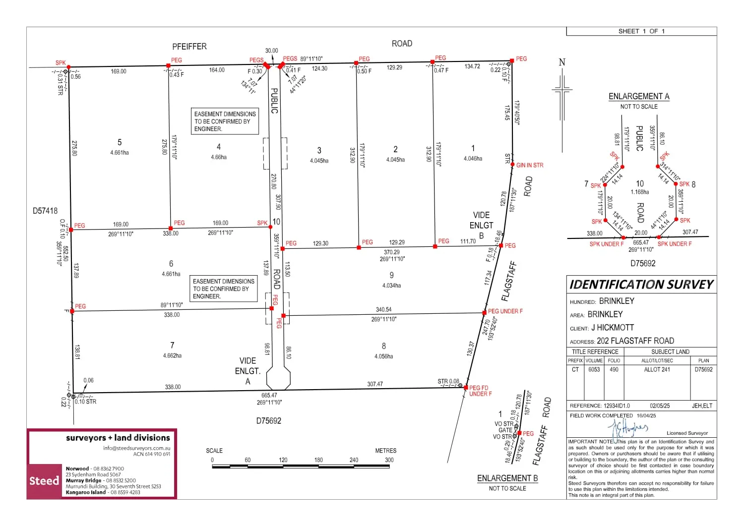 Identification survey - the approved nine-lot subdivision with dual frontage to Pfeiffer Rd and Flagstaff Rd.