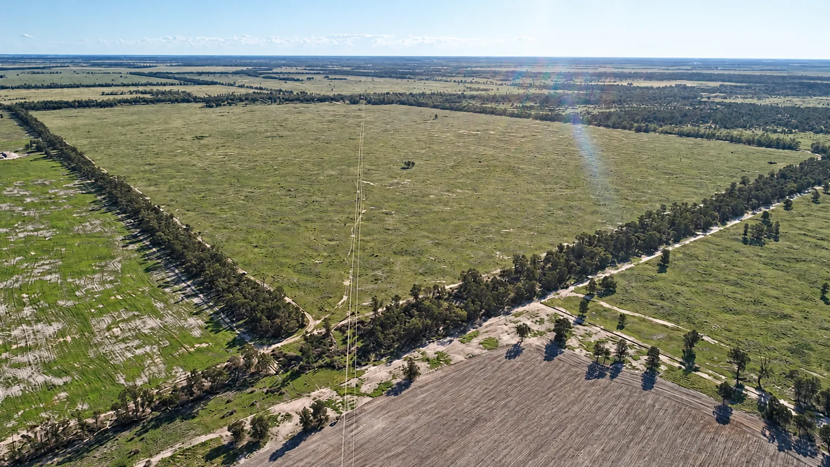 Gunsynd site near Goondiwindi from the air: open paddocks bordered by tree lines