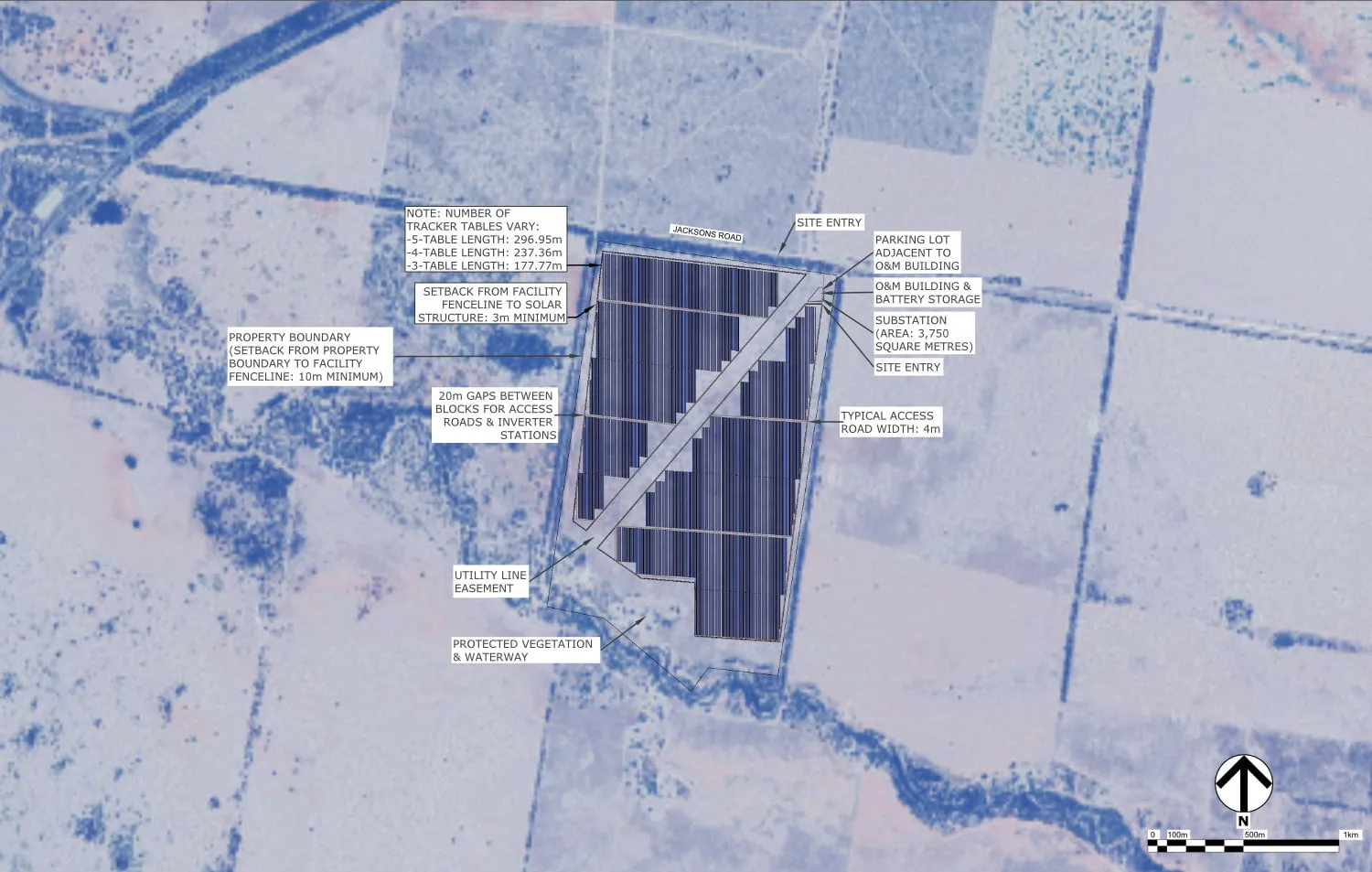 General arrangement over the site, showing the array footprint and connection route.